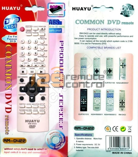 (Local SG Shop) RM-D422. Panasonic Common DVD Remote Control Alternative Replacement. RM-D422.